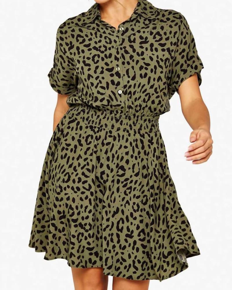 Front of a model wearing a size 12 Animal Print Dress In Khaki in Khaki by APRICOT. | dia_product_style_image_id:346679